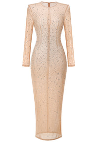 Hilaria Long Sleeve Crystal Mesh Maxi Dress In Nude