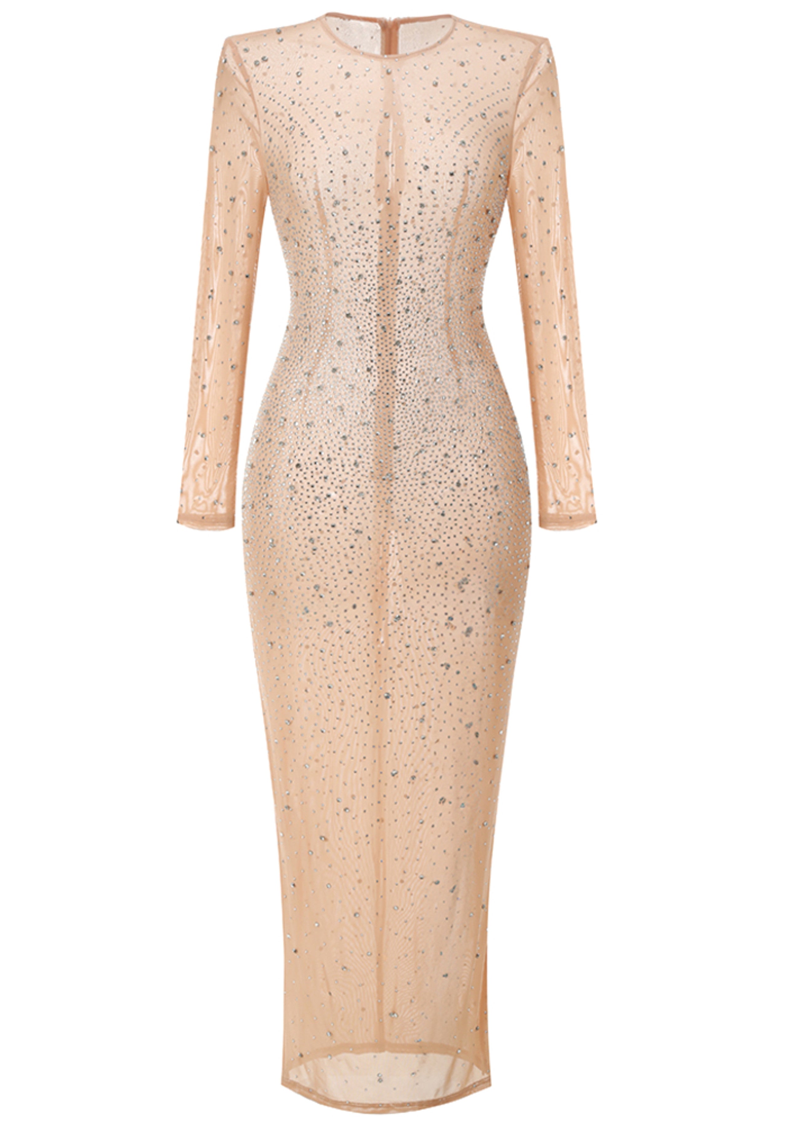Hilaria Long Sleeve Crystal Mesh Maxi Dress In Nude