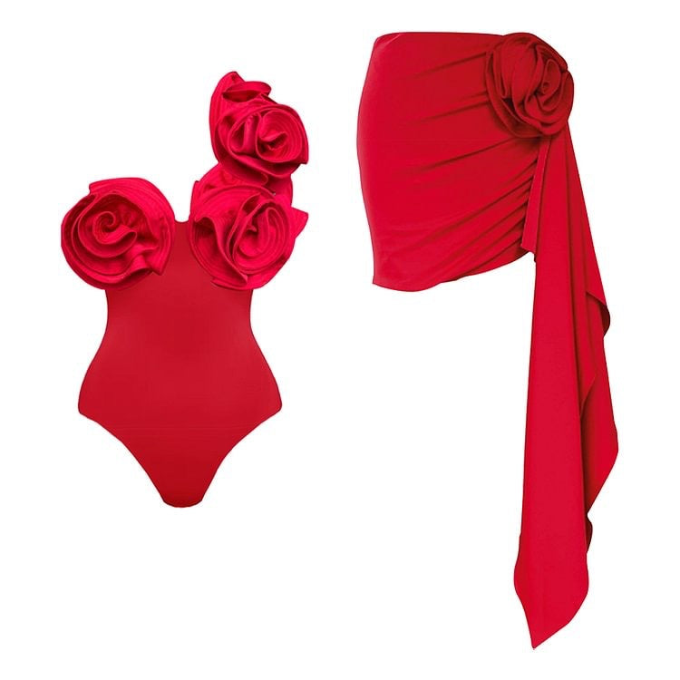 Sean Flower Shoulder Swimsuit In Red