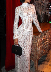 Heyren Long Sleeve Structured Lace Maxi Dress In White