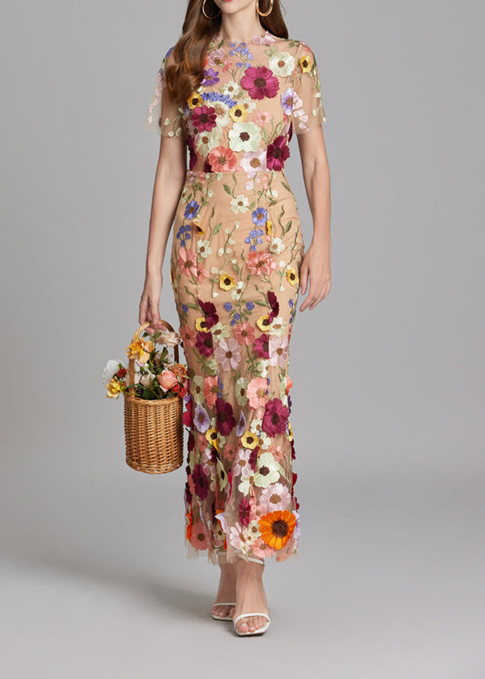 Chesley Floral Embroidery Mesh Fishtail Midi Dress In Brown
