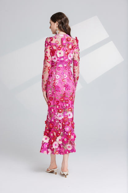 Thalvix Floral Embroidery Mesh Long Sleeve Midi Dress In Rose Red