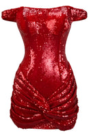 Isoform Bardot Draped Sequin Mini Dress In Red