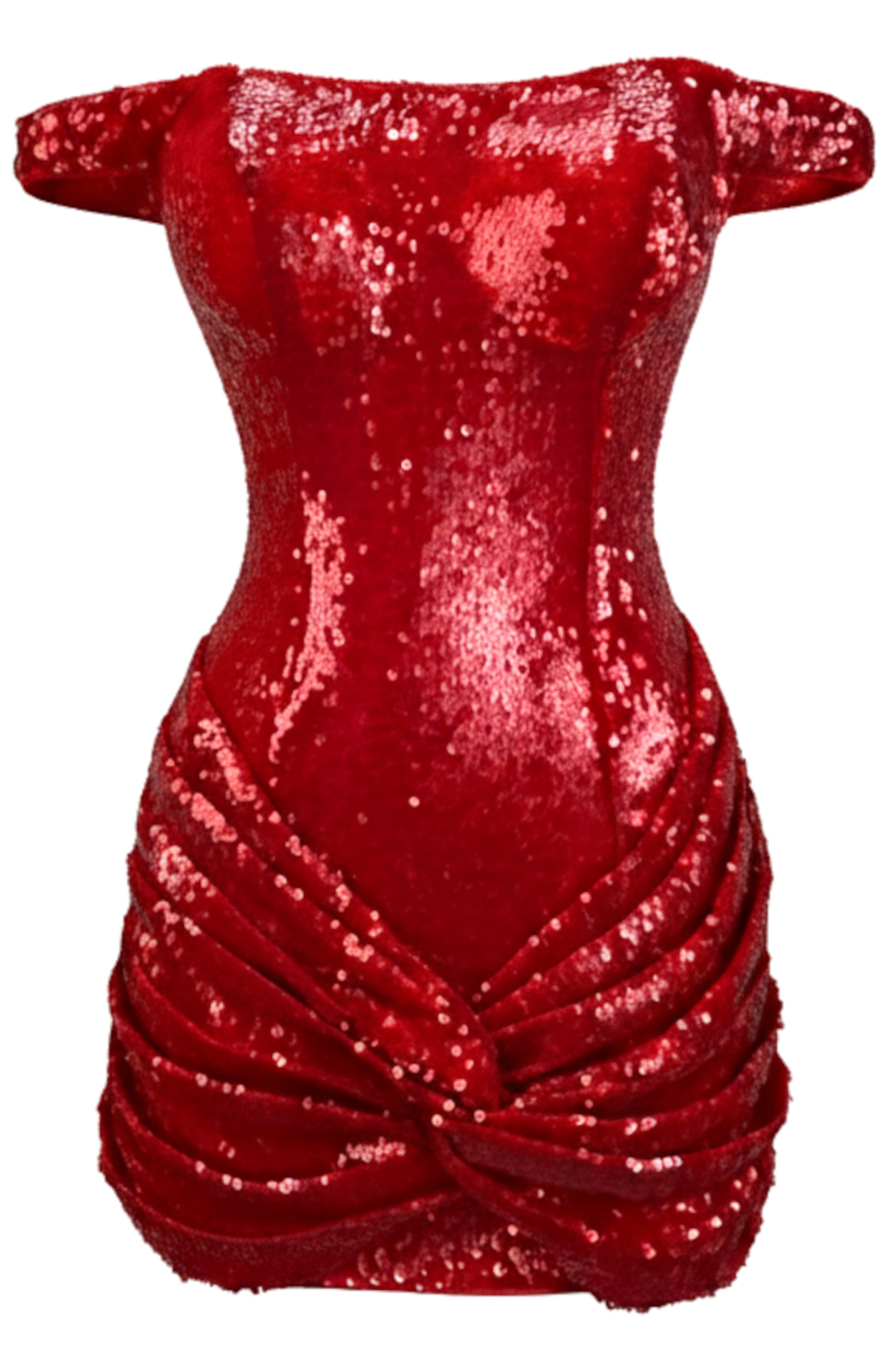 Isoform Bardot Draped Sequin Mini Dress In Red