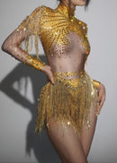 Paniz Rhinestone Fringe Bodysuit In Silver