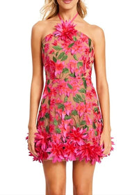 Raziya Halter Floral Embroidered Mini Dress In Hot Pink