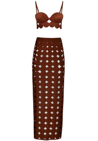 Naida Scalloped Three Piece Maxi Dress In Brown