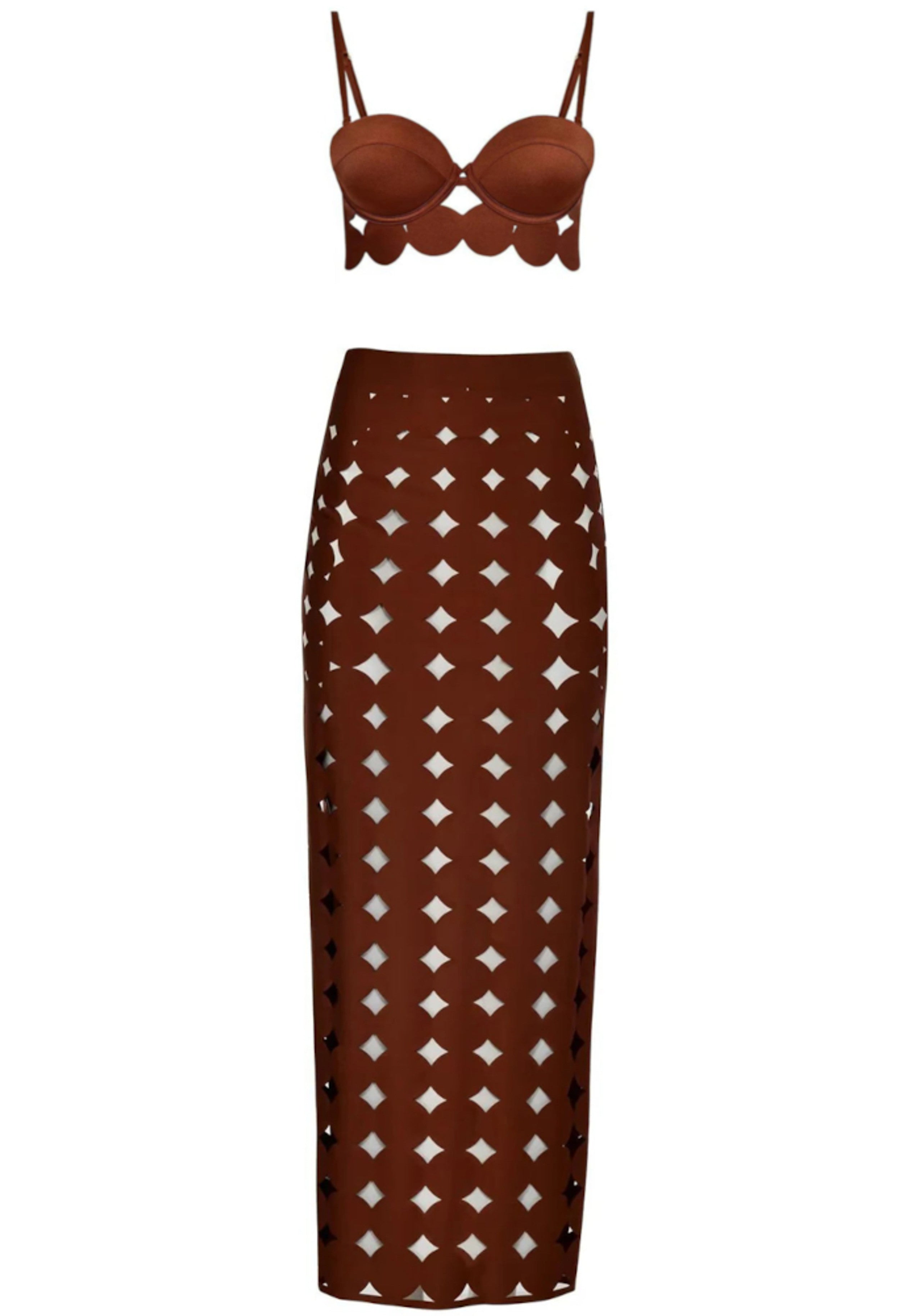 Naida Scalloped Three Piece Maxi Dress In Brown