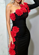 Leilexi One Sleeve Floral Crystal Maxi Dress In Black Red