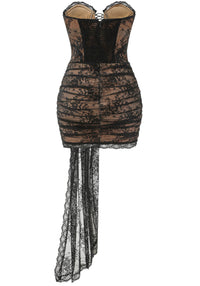 Lyvrik Strapless Draped Lace Corset Mini Dress In Black