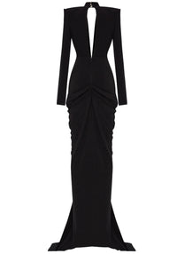 Avalee Long Sleeve Plunge V Neck Crystal Maxi Dress In Black