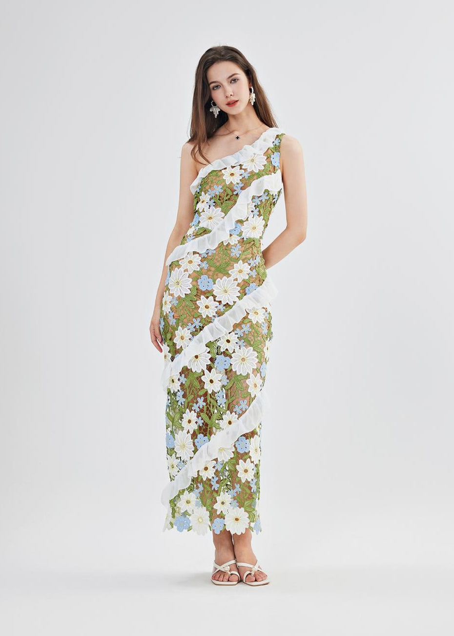 Catherine One Shoulder Flower Embroidered Maxi Dress