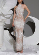 Alsatia Halter Pearl Sequin Embellished Maxi Dress In Nude