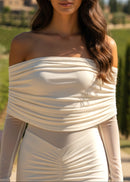 Geyeron Long Sleeve Draped Bardot Maxi Dress In Ivory