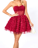 Osorio Strapless Floral Corset A Line Mini Dress In Red