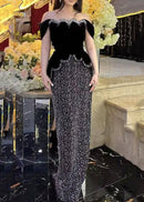 Kexmir Bardot Crystal Pearl Peplum Maxi Dress In Black