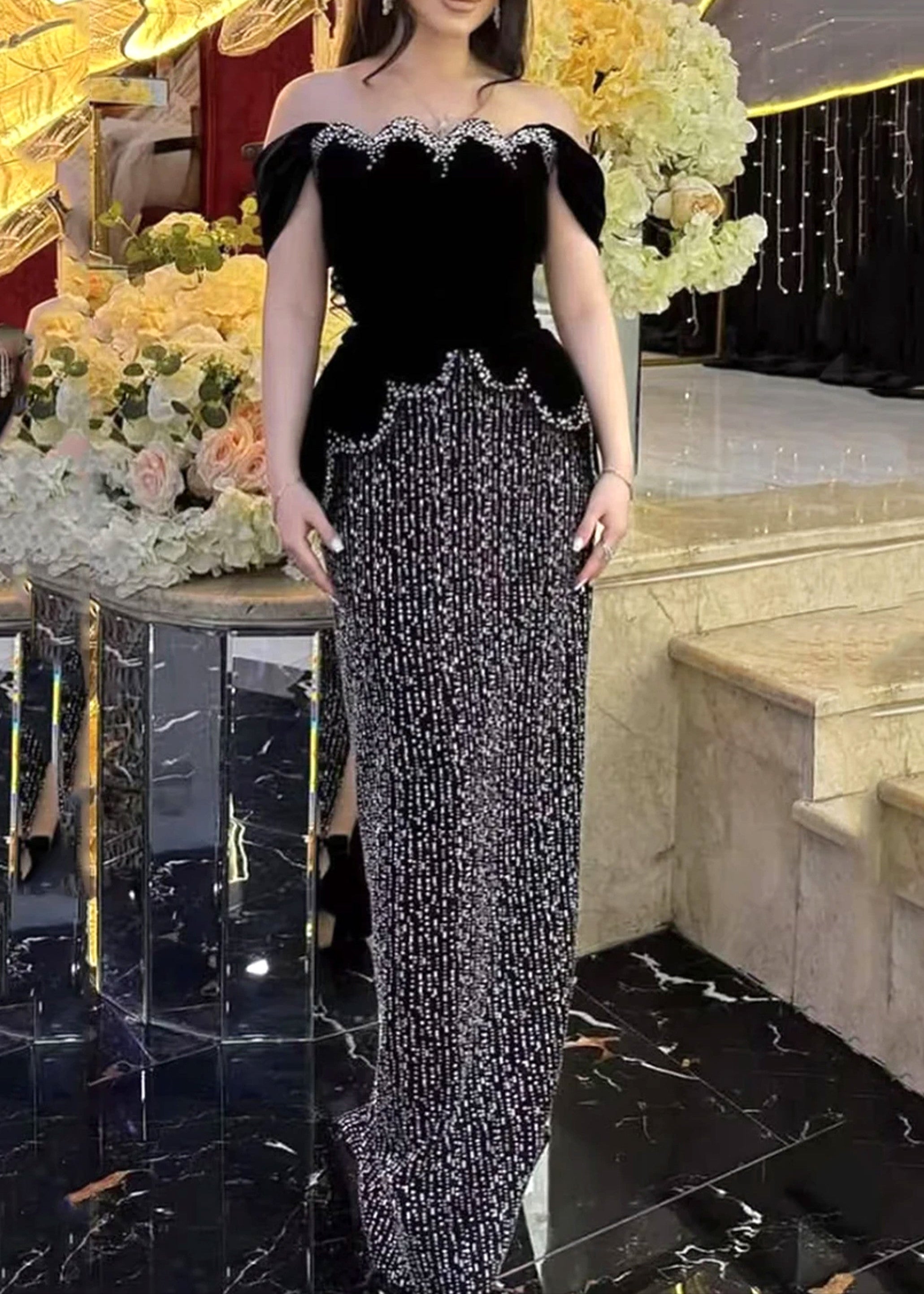 Kexmir Bardot Crystal Pearl Peplum Maxi Dress In Black