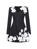 Fingal Long Sleeve Crystal Floral A Line Mini Dress In Black
