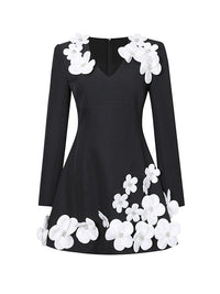 Fingal Long Sleeve Crystal Floral A Line Mini Dress In Black