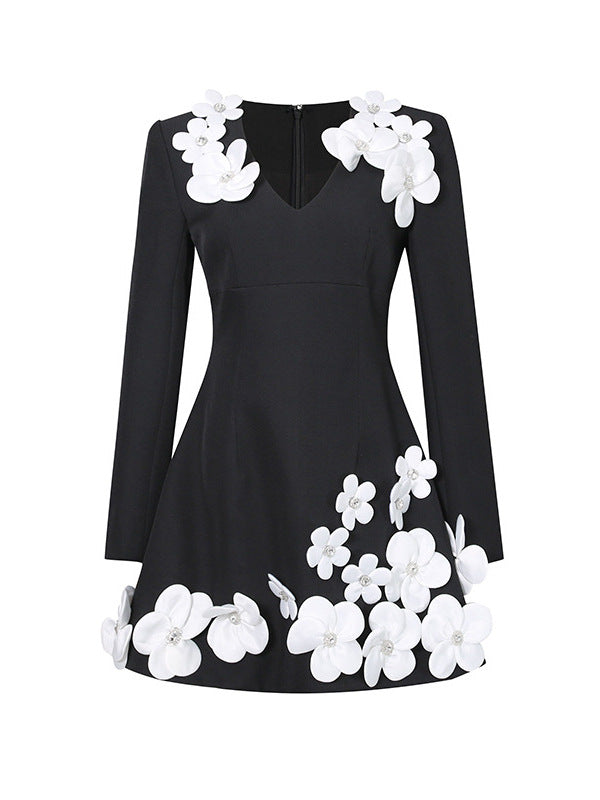 Fingal Long Sleeve Crystal Floral A Line Mini Dress In Black
