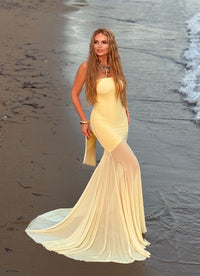 Raziela Strapless Mermaid Mesh Maxi Dress In Yellow