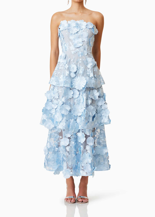 Pashaie 3D Flower Tiered Maxi Dress In Blue