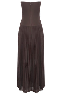 Kazra Strapless Pleated A Line Maxi Dress In Brown