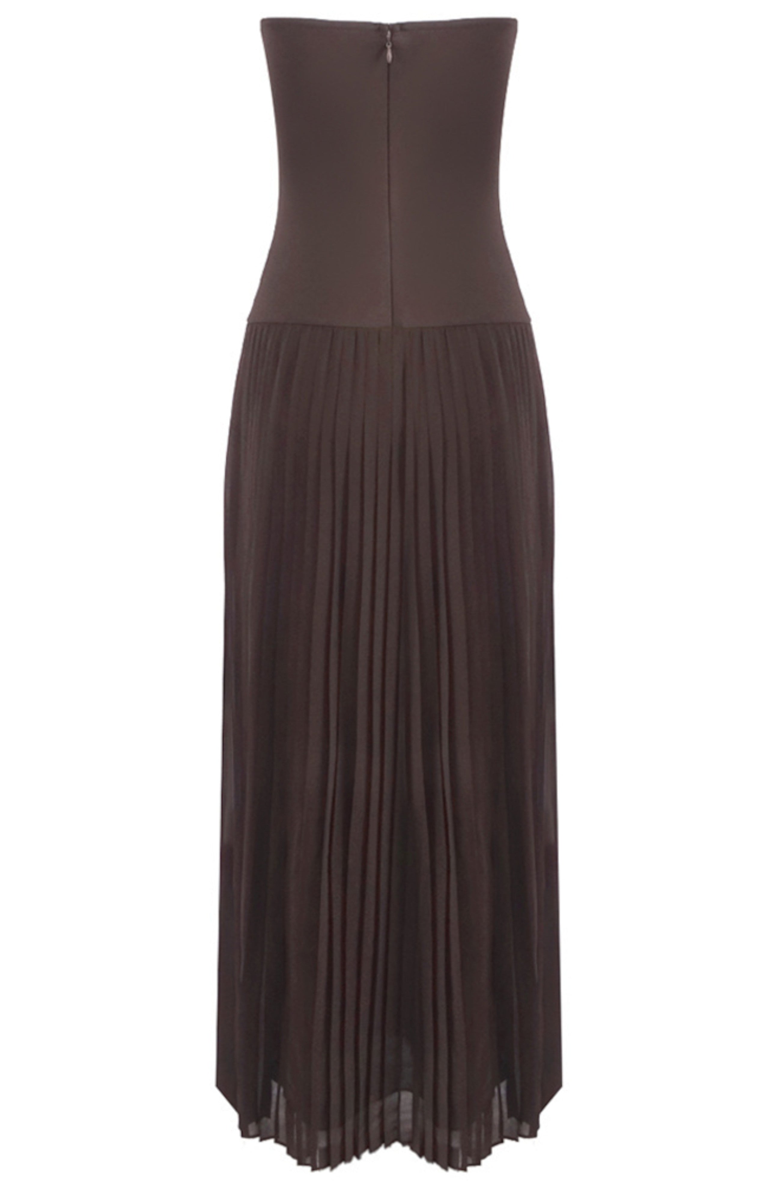 Kazra Strapless Pleated A Line Maxi Dress In Brown