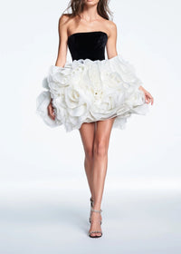 Zories 3D Flowers Strapless Black Mini Dress In White