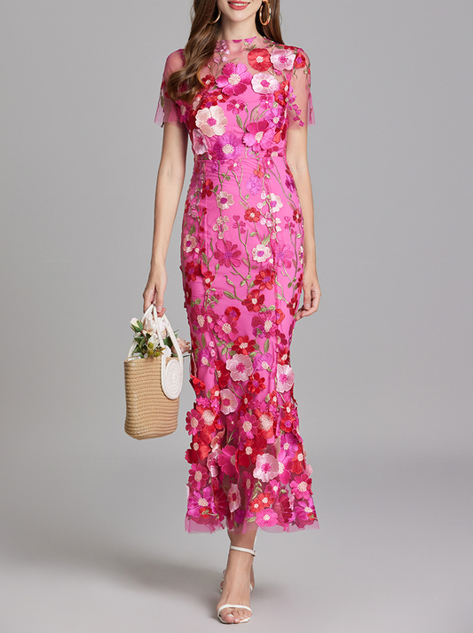 Chesley Floral Embroidery Mesh Fishtail Midi Dress In Pink