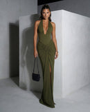 Genowefa Olive Draped Halter Maxi Dress