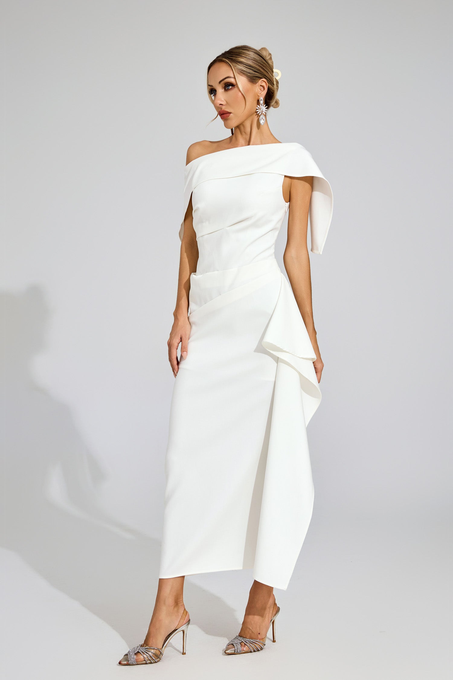Felara Ruffle Off Shoulder Maxi Dress In White