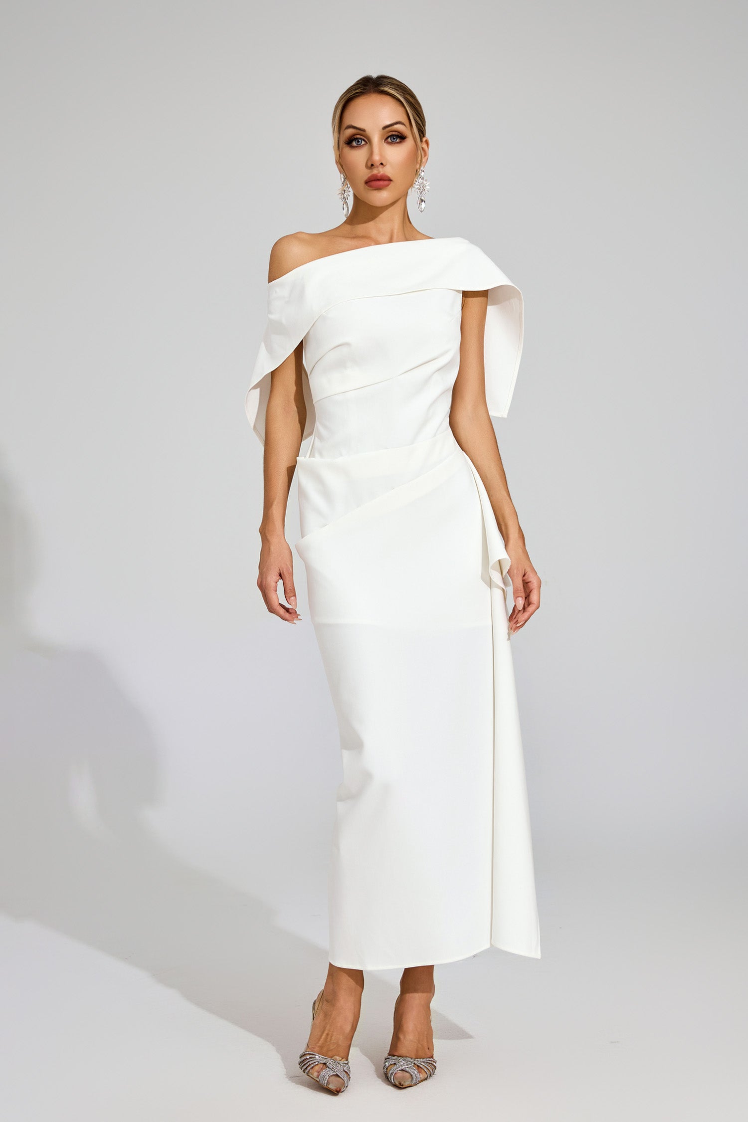 Felara Ruffle Off Shoulder Maxi Dress In White