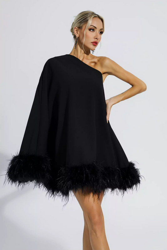 Betty One Shoulder Feather Mini Dress In Black