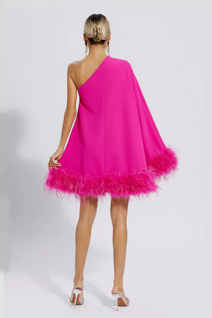 Betty One Shoulder Feather Mini Dress In Pink