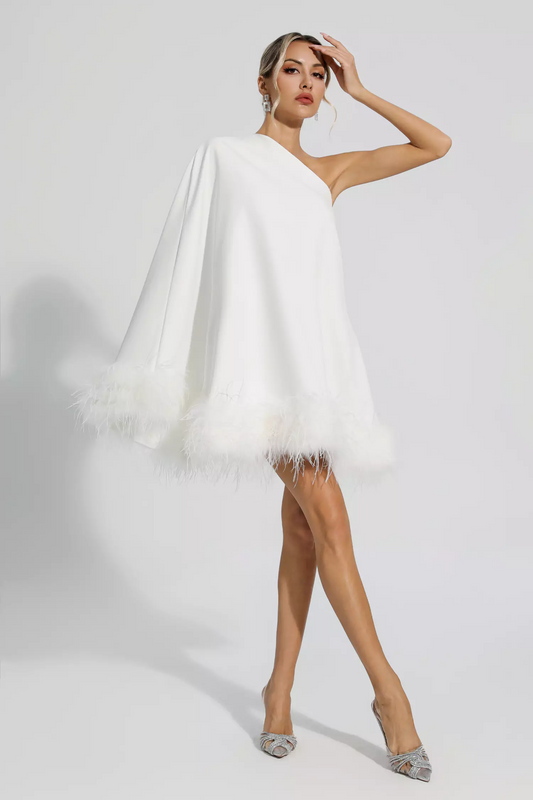 Betty One Shoulder Feather Mini Dress In White