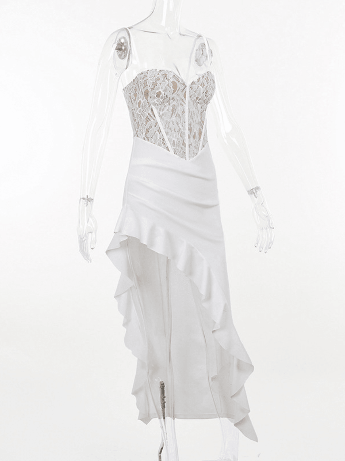 Sherise Lace Asymmetric Ruffle Midi Dress