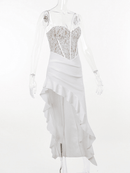 Sherise Lace Asymmetric Ruffle Midi Dress