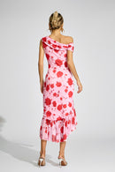 Cyrthis Print One Shoulder Midi Dress In Pink Rose