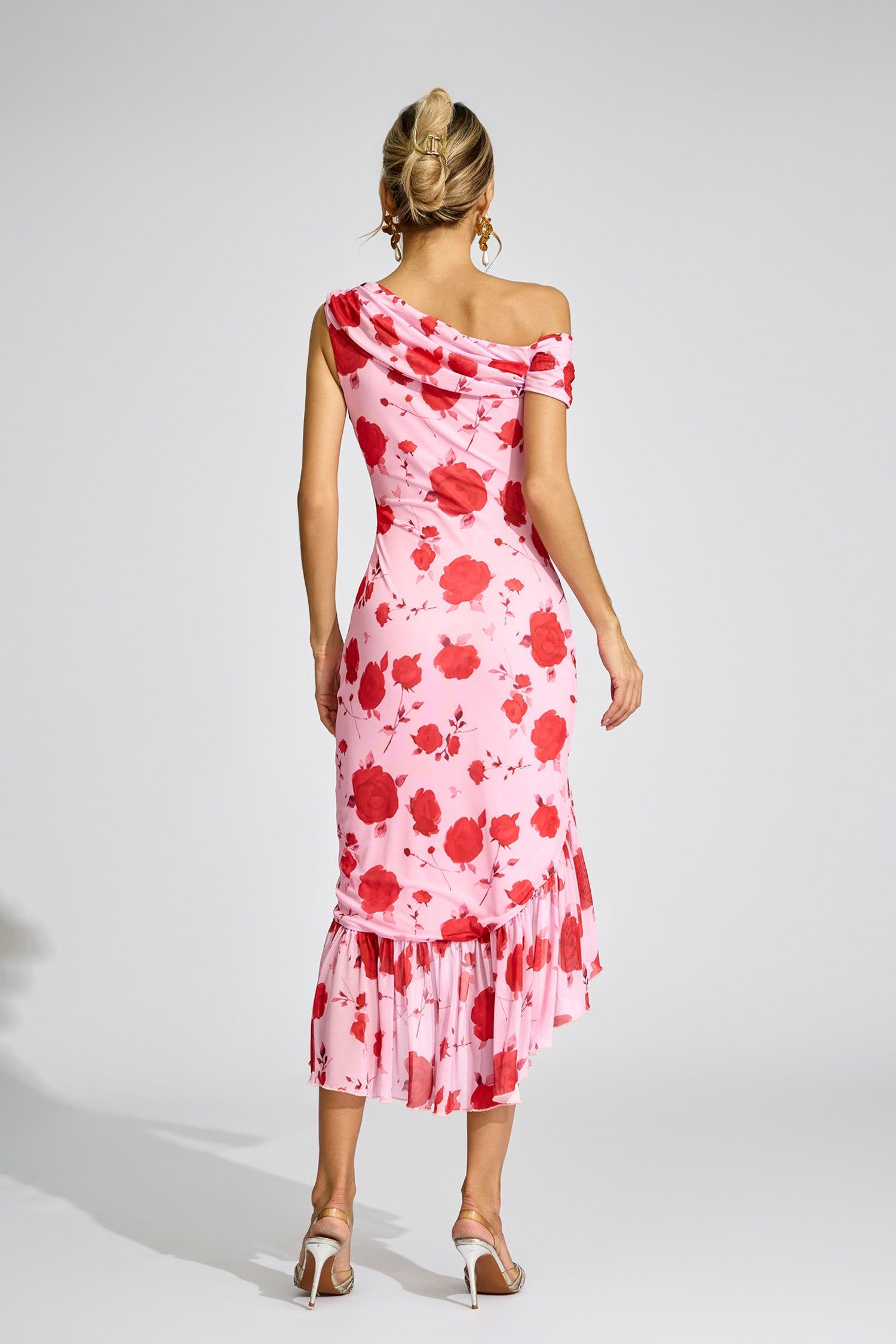 Cyrthis Print One Shoulder Midi Dress In Pink Rose
