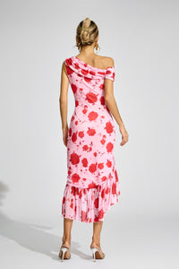 Cyrthis Print One Shoulder Midi Dress In Pink Rose