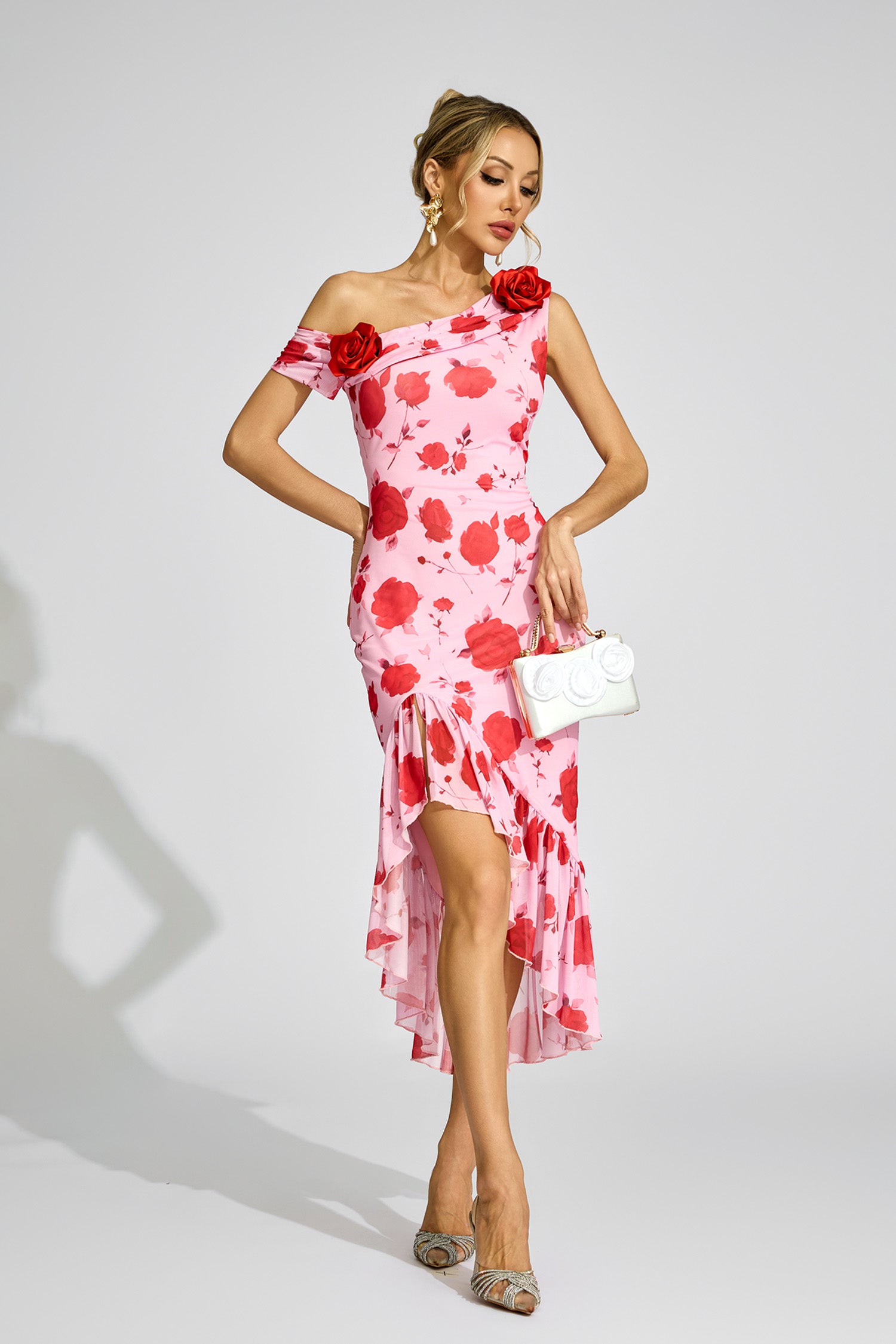Cyrthis Print One Shoulder Midi Dress In Pink Rose