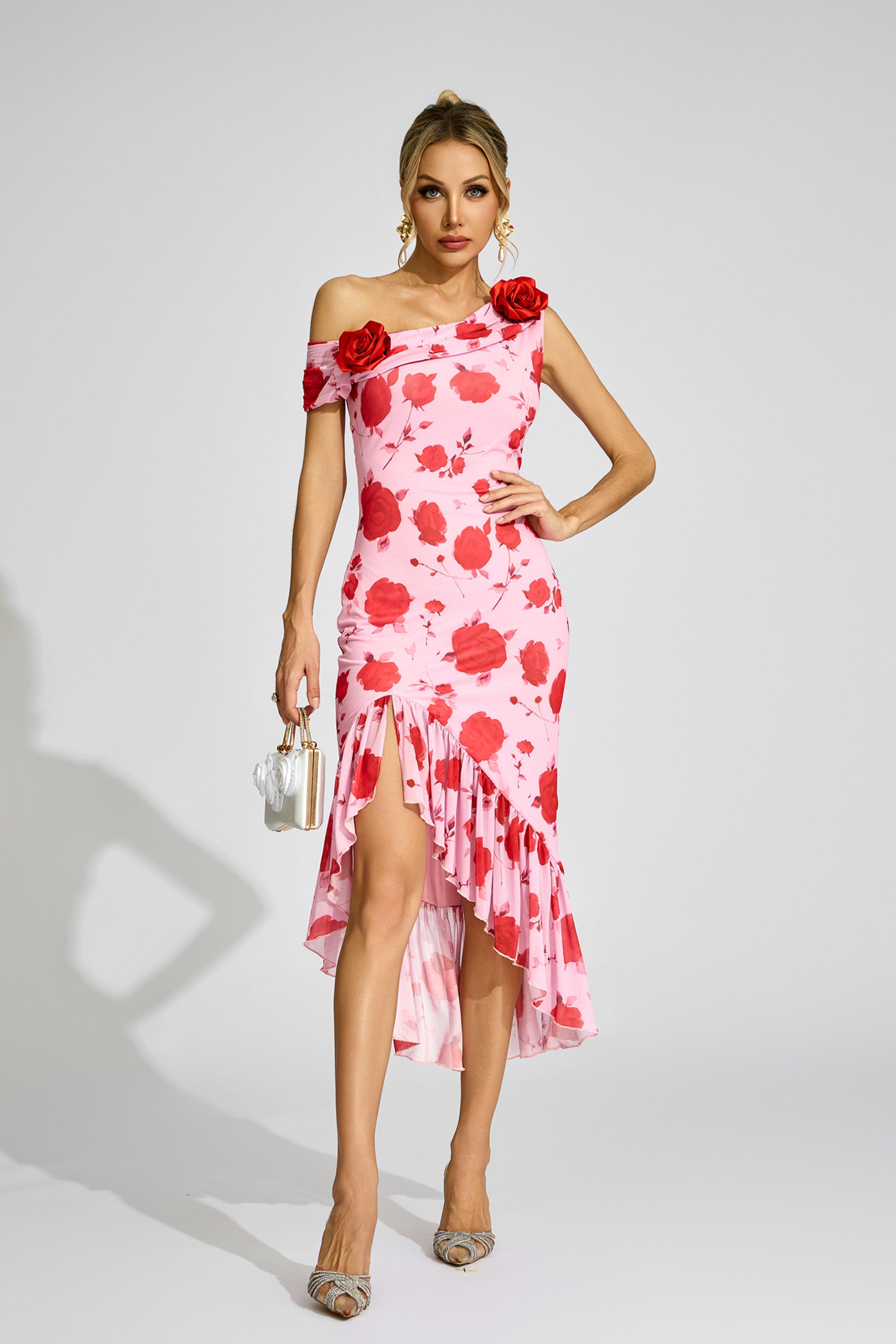 Cyrthis Print One Shoulder Midi Dress In Pink Rose