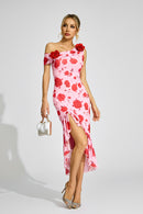 Cyrthis Print One Shoulder Midi Dress In Pink Rose