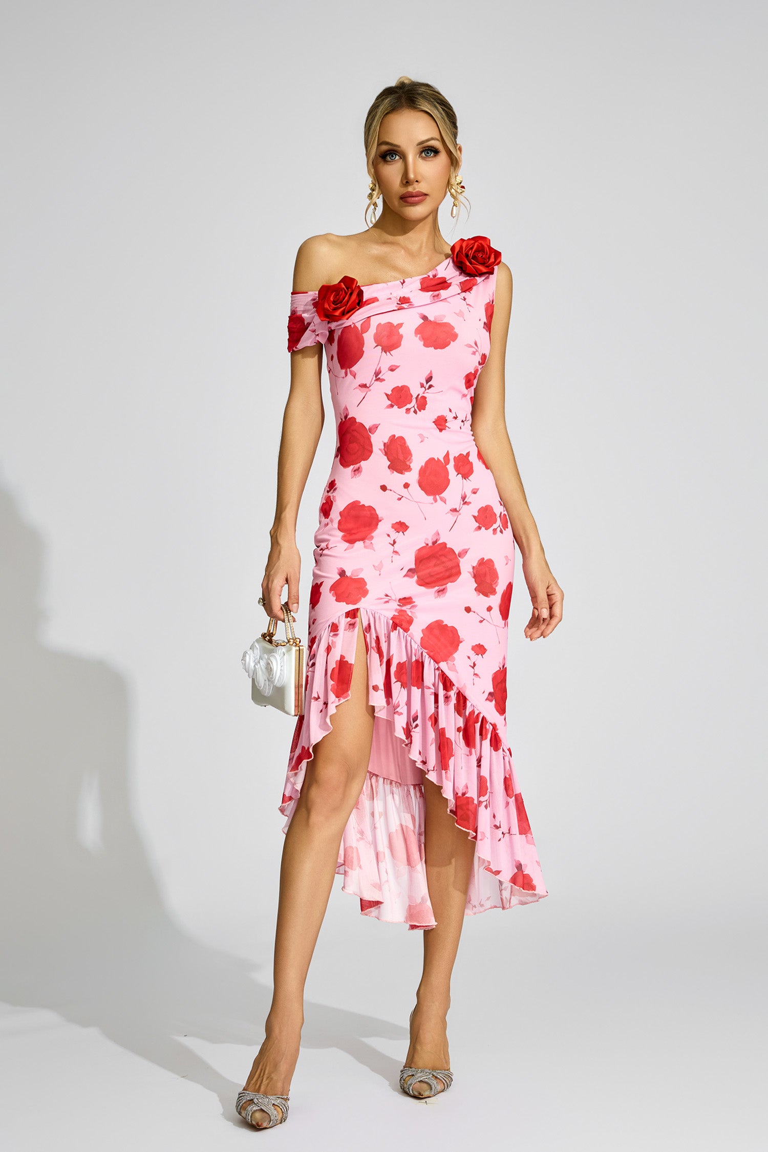 Cyrthis Print One Shoulder Midi Dress In Pink Rose