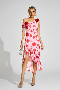 Cyrthis Print One Shoulder Midi Dress In Pink Rose