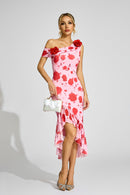 Cyrthis Print One Shoulder Midi Dress In Pink Rose