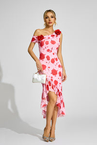 Cyrthis Print One Shoulder Midi Dress In Pink Rose