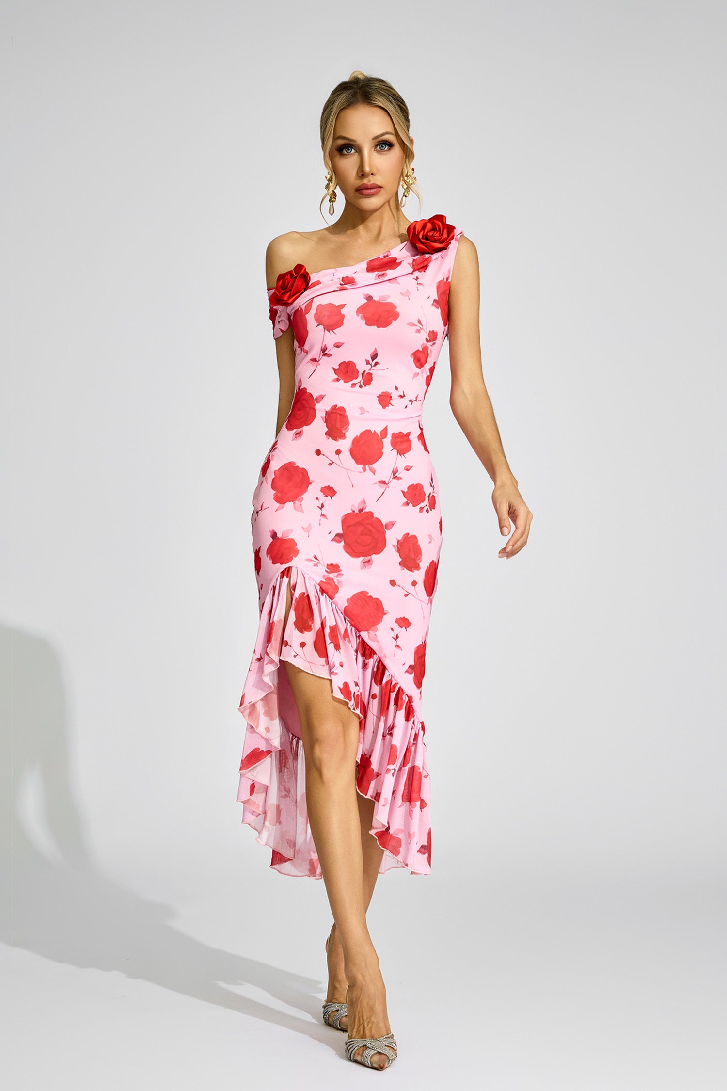 Cyrthis Print One Shoulder Midi Dress In Pink Rose