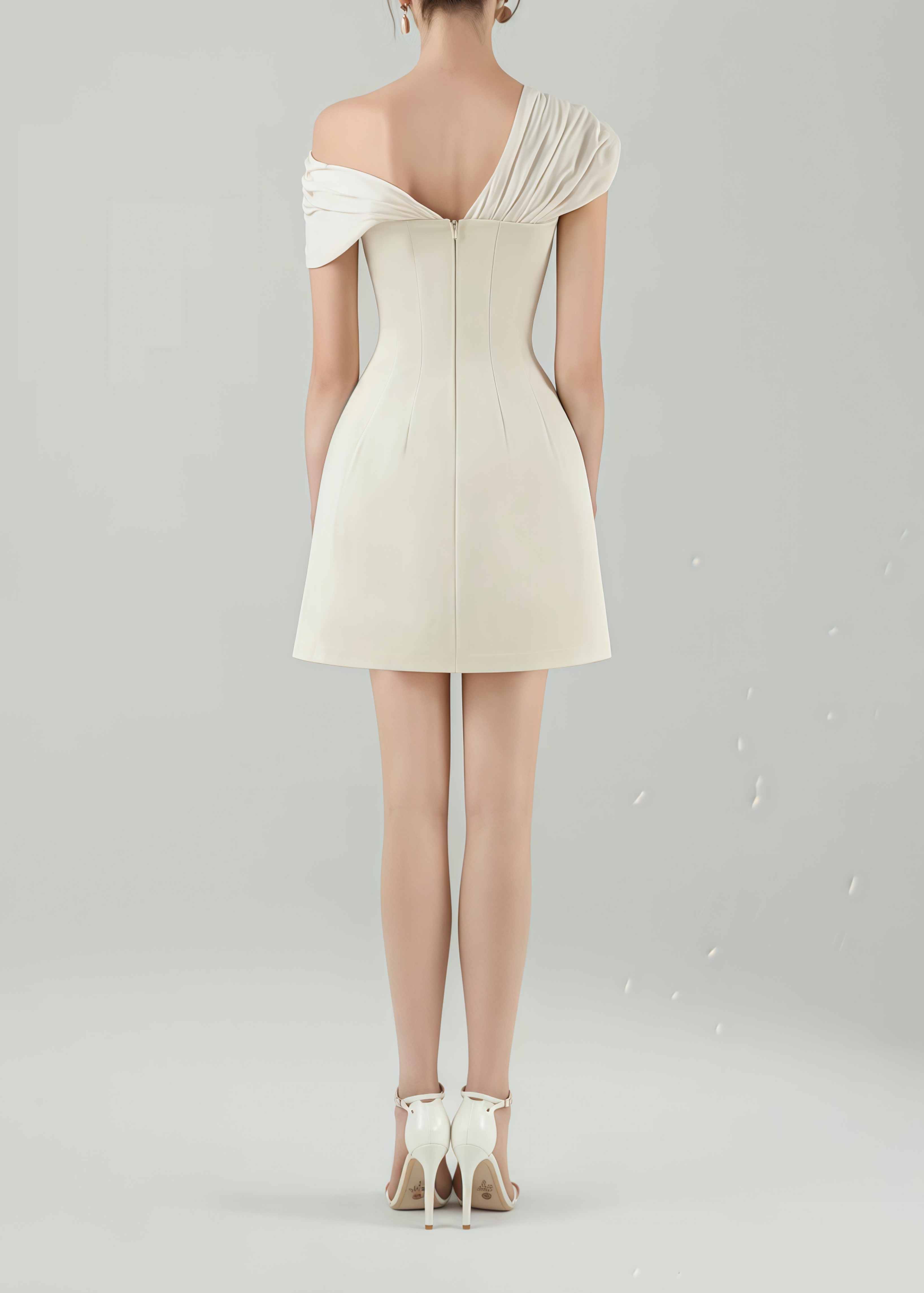 Diandra Cream White Plunge Neck Ruched Mini Dress